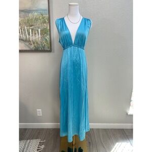 Vintage Vanity Fair Aqua Blue Nylon Nightgown Braided Empire Maxi Dress Size 38